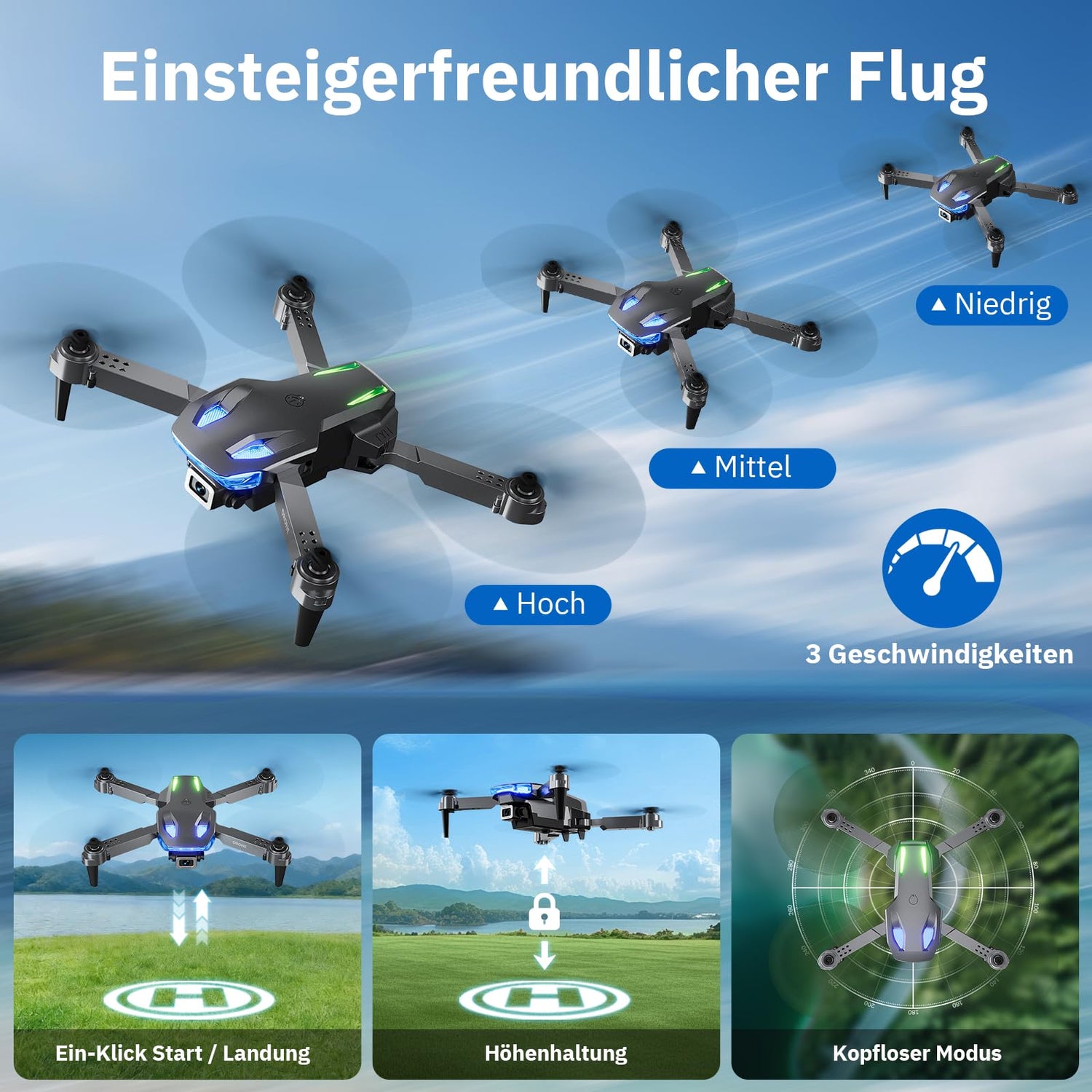 Drohne mit Kamera 1080p, faltbar, FPV Quadcopter – 2 Akkus