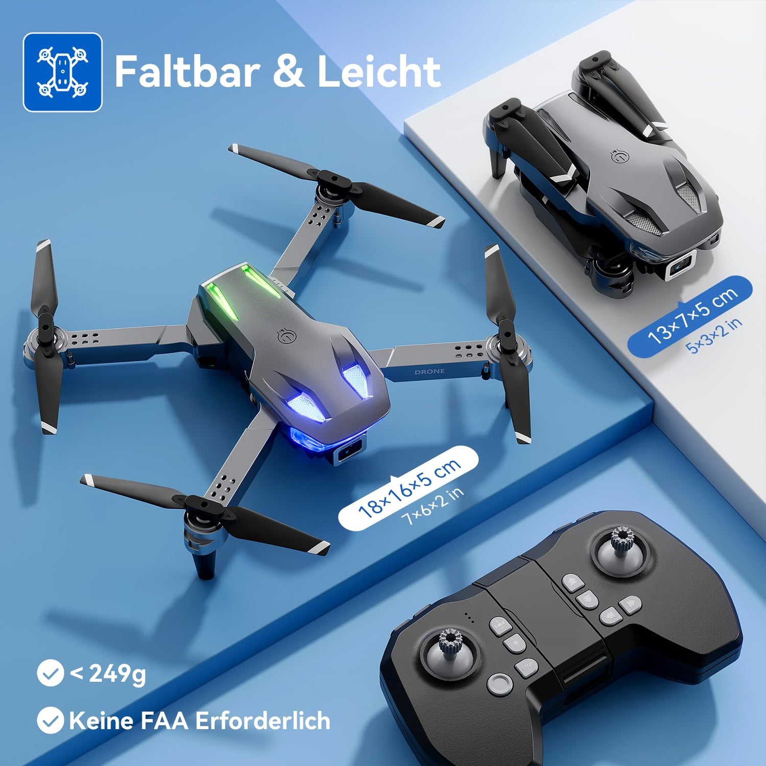 Drohne mit Kamera 1080p, faltbar, FPV Quadcopter – 2 Akkus
