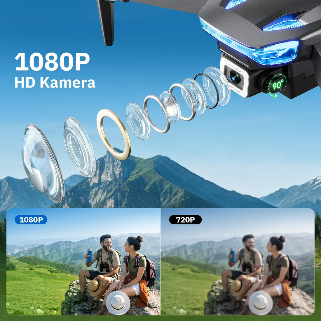 Drohne mit Kamera 1080p, faltbar, FPV Quadcopter – 2 Akkus