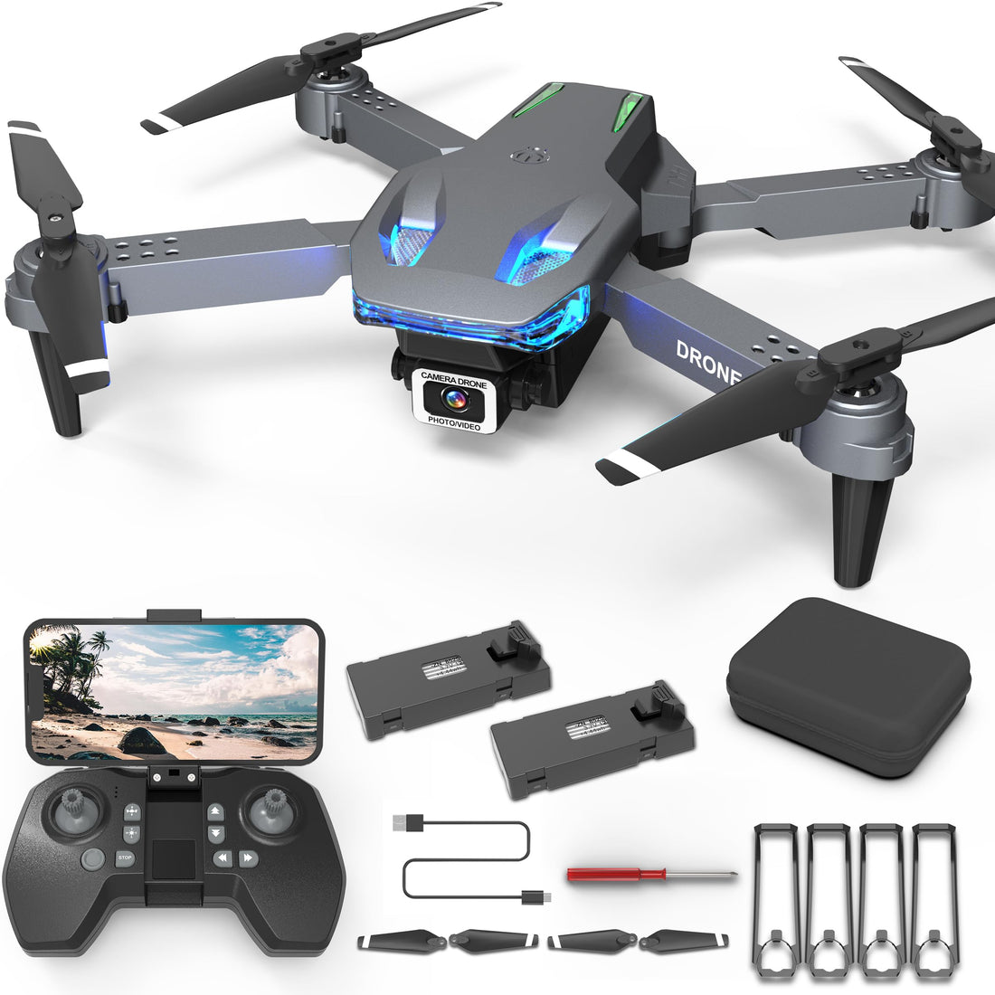 Drohne mit Kamera 1080p, faltbar, FPV Quadcopter – 2 Akkus