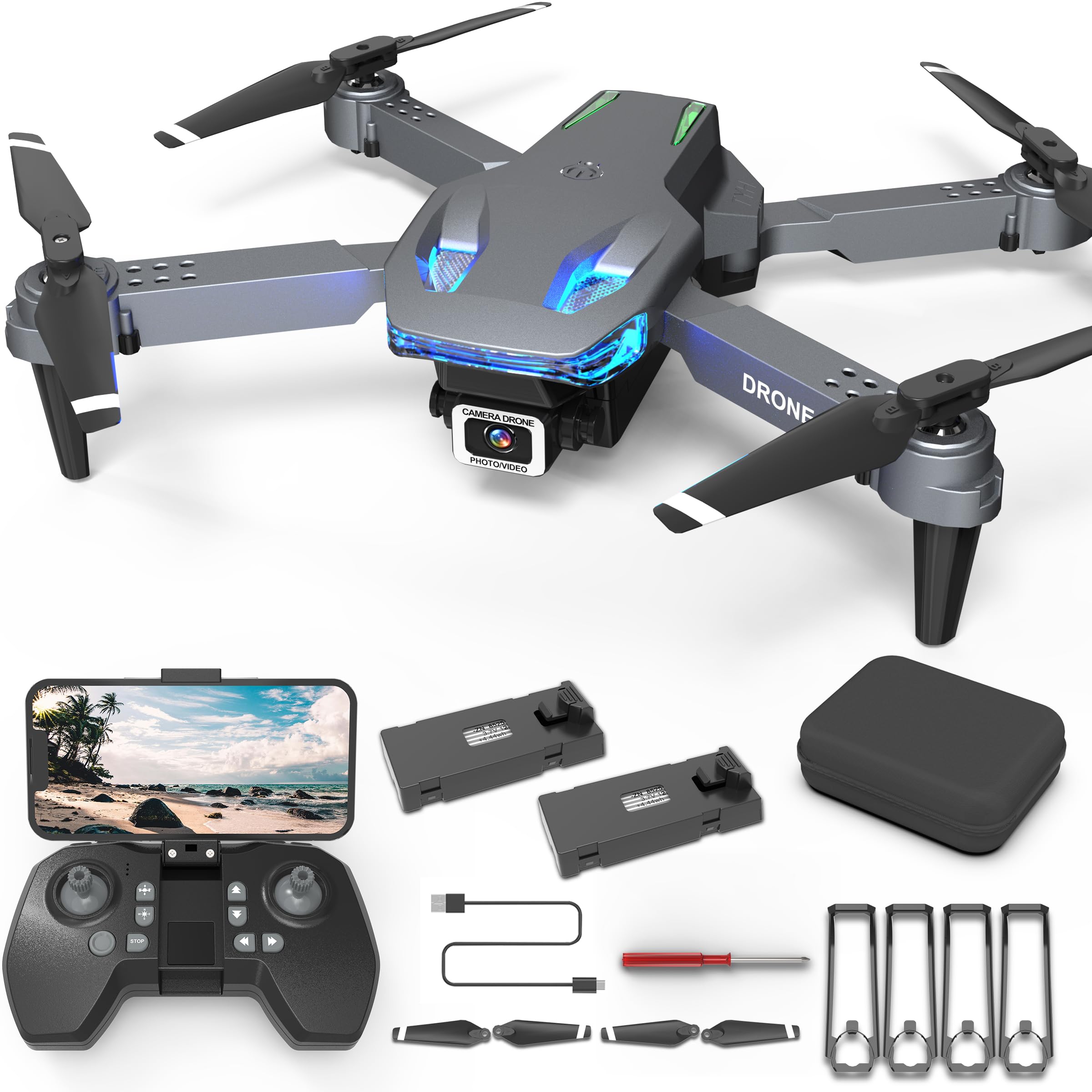 Drohne mit Kamera 1080p, faltbar, FPV Quadcopter – 2 Akkus